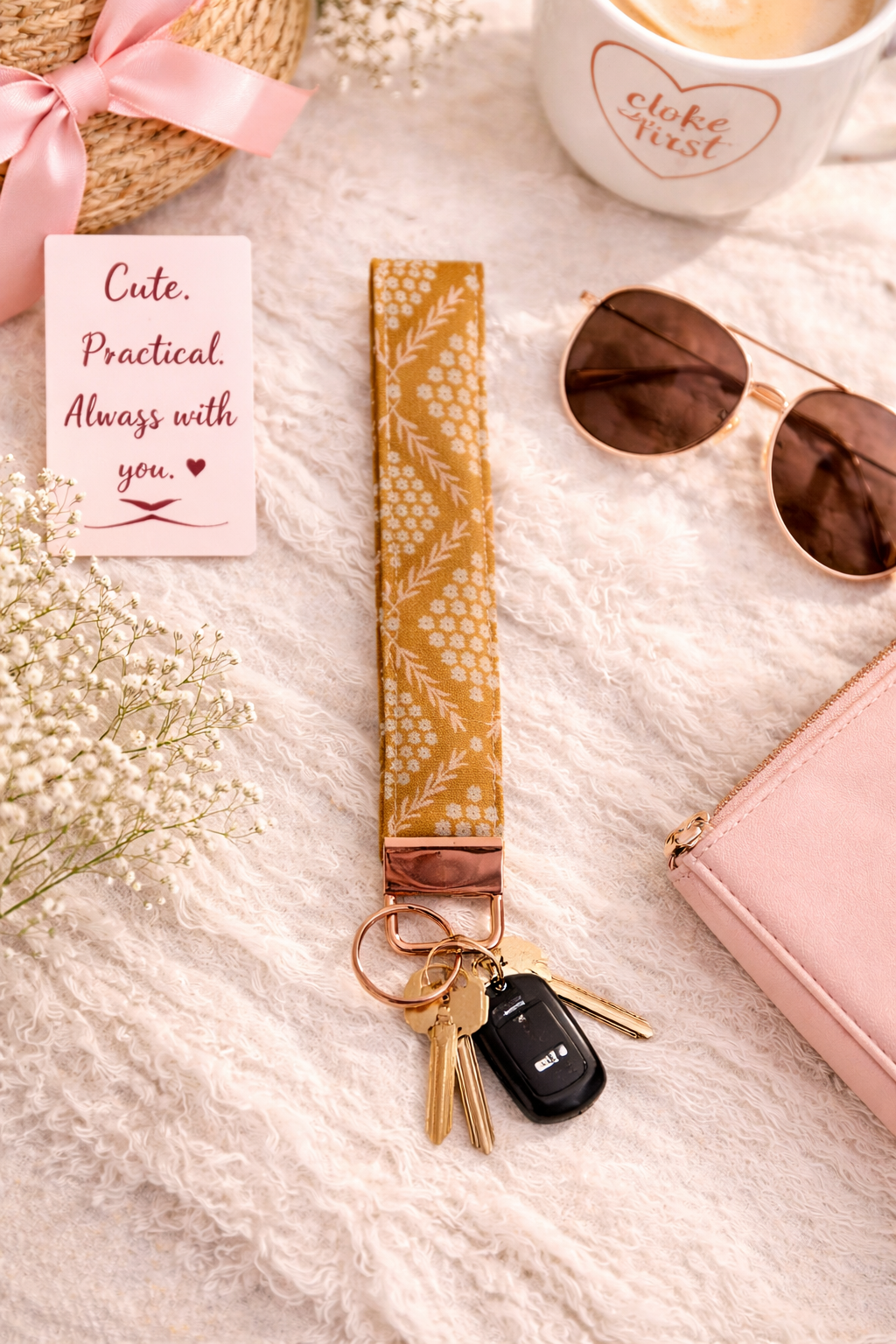 Anitque Wheat & Flower Fabric Wristlet Keychain – Handmade Cotton Wrist Strap – Cute Everyday Key Holder for Keys Bags & Gift