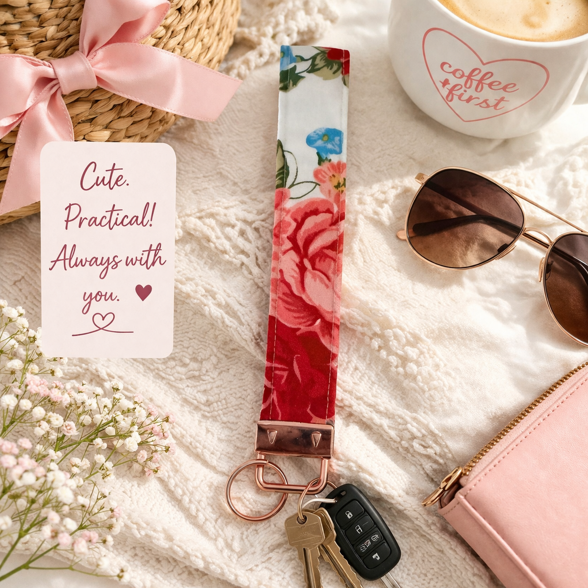 Cottage Bloom - Floral Fabric Wristlet Keychain – Handmade Cotton Wrist Strap – Cute Everyday Key Holder for Keys Bags & Gift