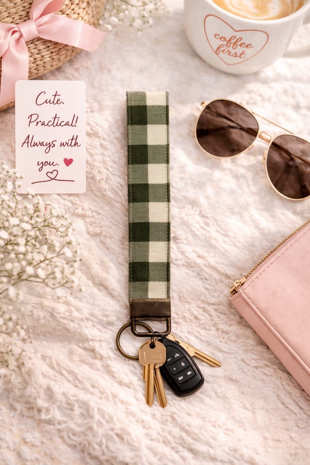 Green Gingham - Fabric Wristlet Keychain – Handmade Cotton Wrist Strap – Cute Everyday Key Holder for Keys Bags & Gifts