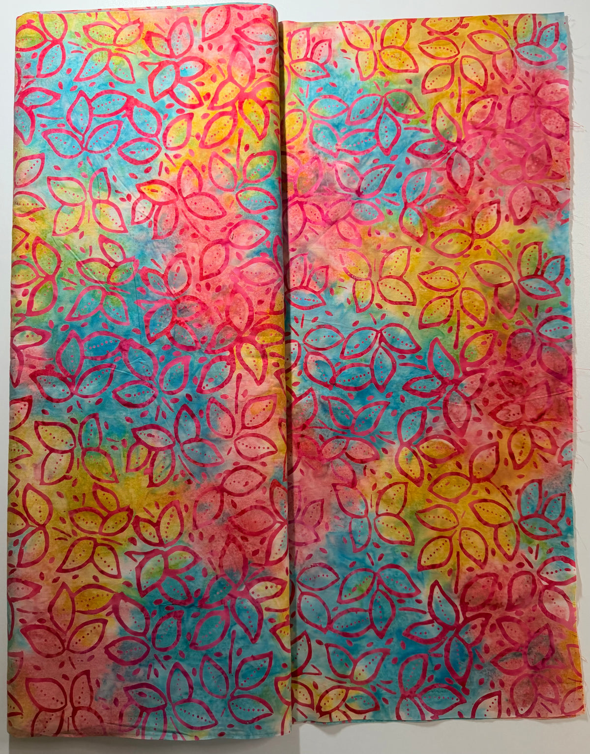 Pink Aqua & Yellow Leaf Batik Fabric