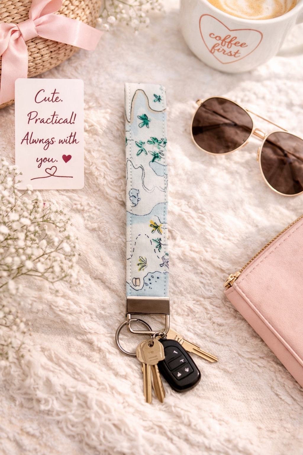 Island Vibes Fabric Wristlet Keychain – Handmade Cotton Wrist Strap – Cute Everyday Key Holder for Keys Bags & Gifts