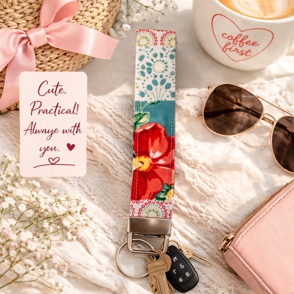 Patchwork Blooms - Floral Fabric Wristlet Keychain – Handmade Cotton Wrist Strap – Cute Everyday Key Holder for Keys Bags & G