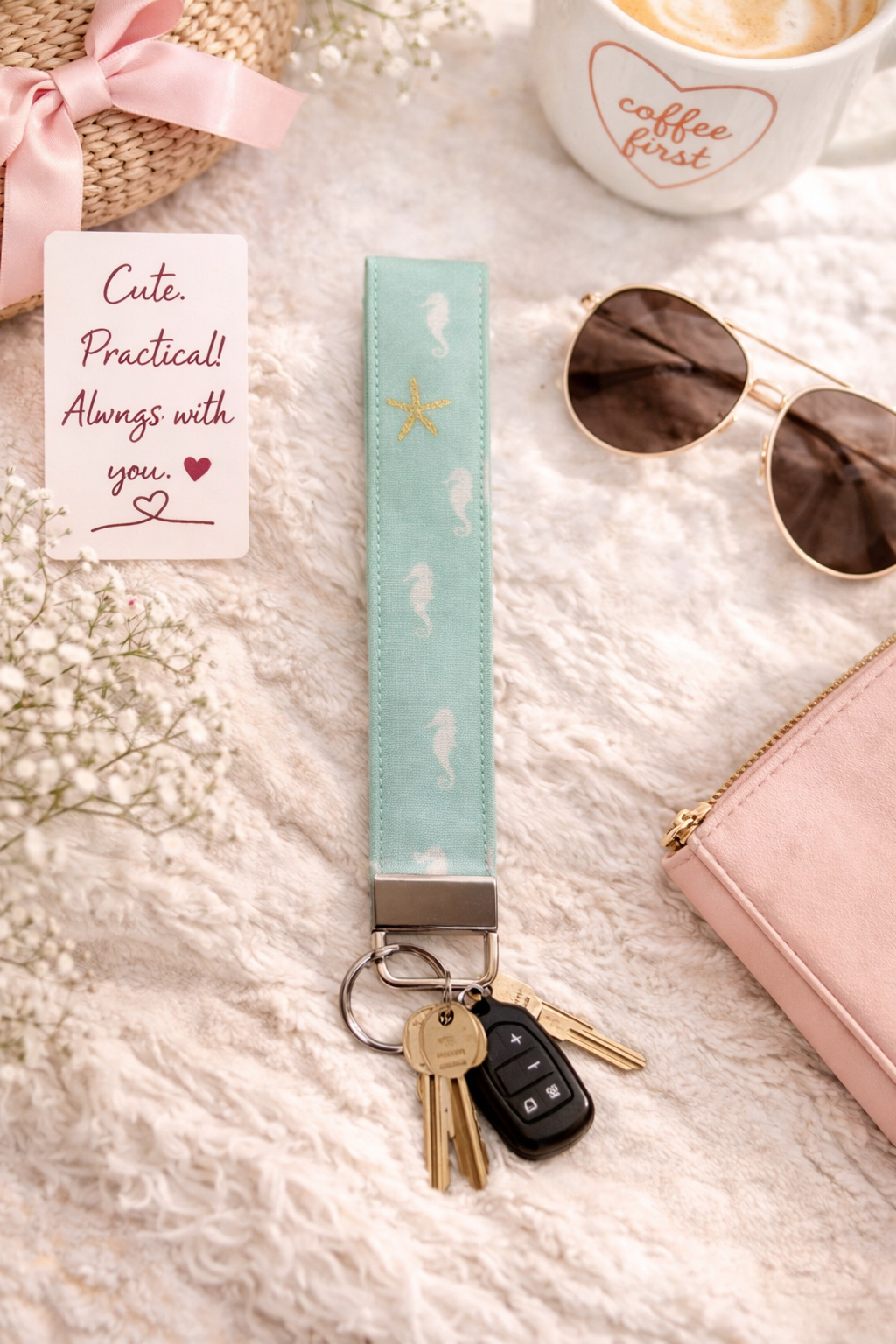 Starfish and Seahorse Fabric Wristlet Keychain – Handmade Cotton Wrist Strap – Cute Everyday Key Holder for Keys Bags & Gifts