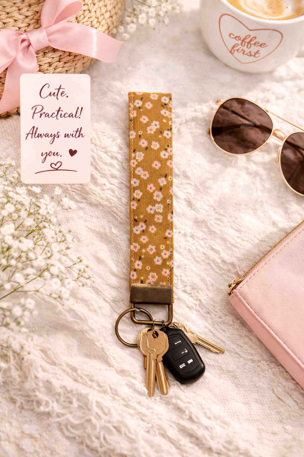Prairie Brown with Flowers Fabric Wristlet Keychain – Handmade Cotton Wrist Strap – Cute Everyday Key Holder for Keys Bags & 