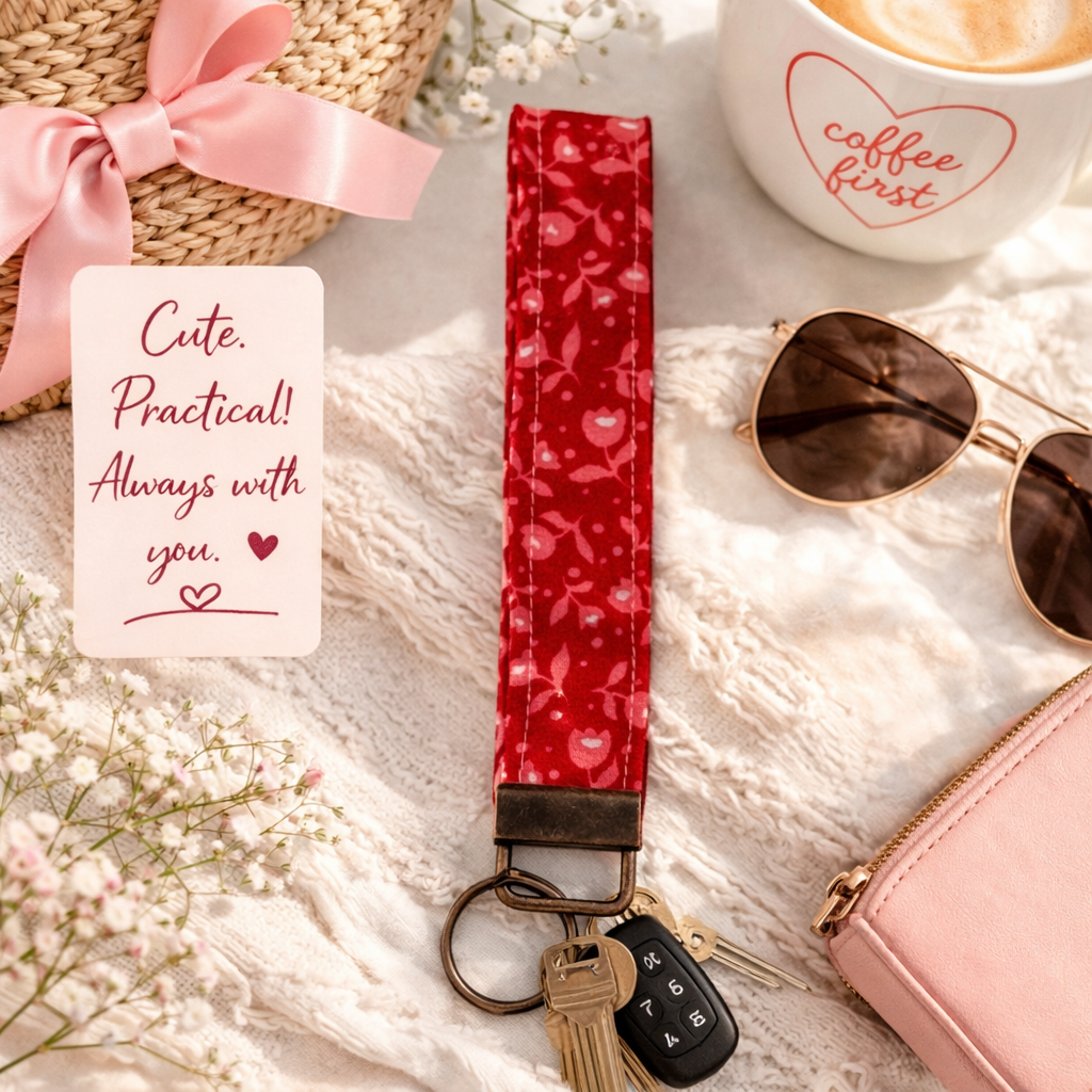 Cherry Red with Pink Flowers - Floral Fabric Wristlet Keychain – Handmade Cotton Wrist Strap – Cute Everyday Key Holder for K