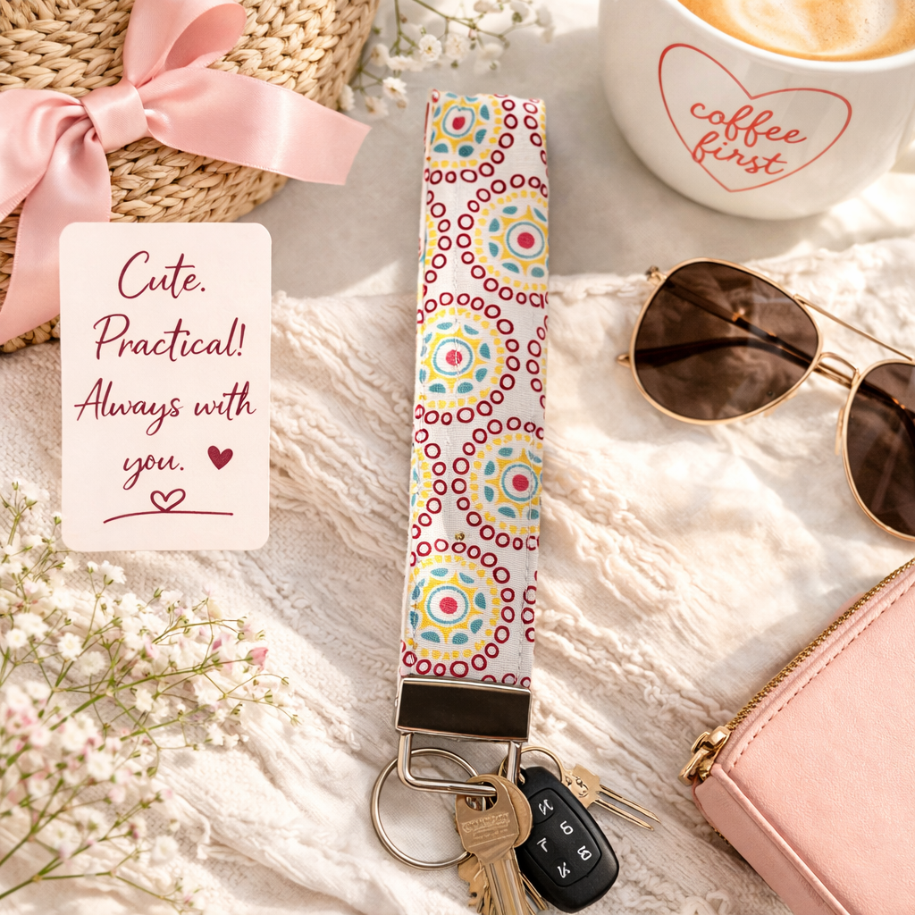 Circle of Life - Floral Fabric Wristlet Keychain – Handmade Cotton Wrist Strap – Cute Everyday Key Holder for Keys Bags & Gif