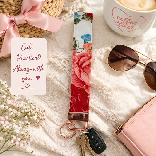 Cottage Bloom - Floral Fabric Wristlet Keychain – Handmade Cotton Wrist Strap – Cute Everyday Key Holder for Keys Bags & Gift