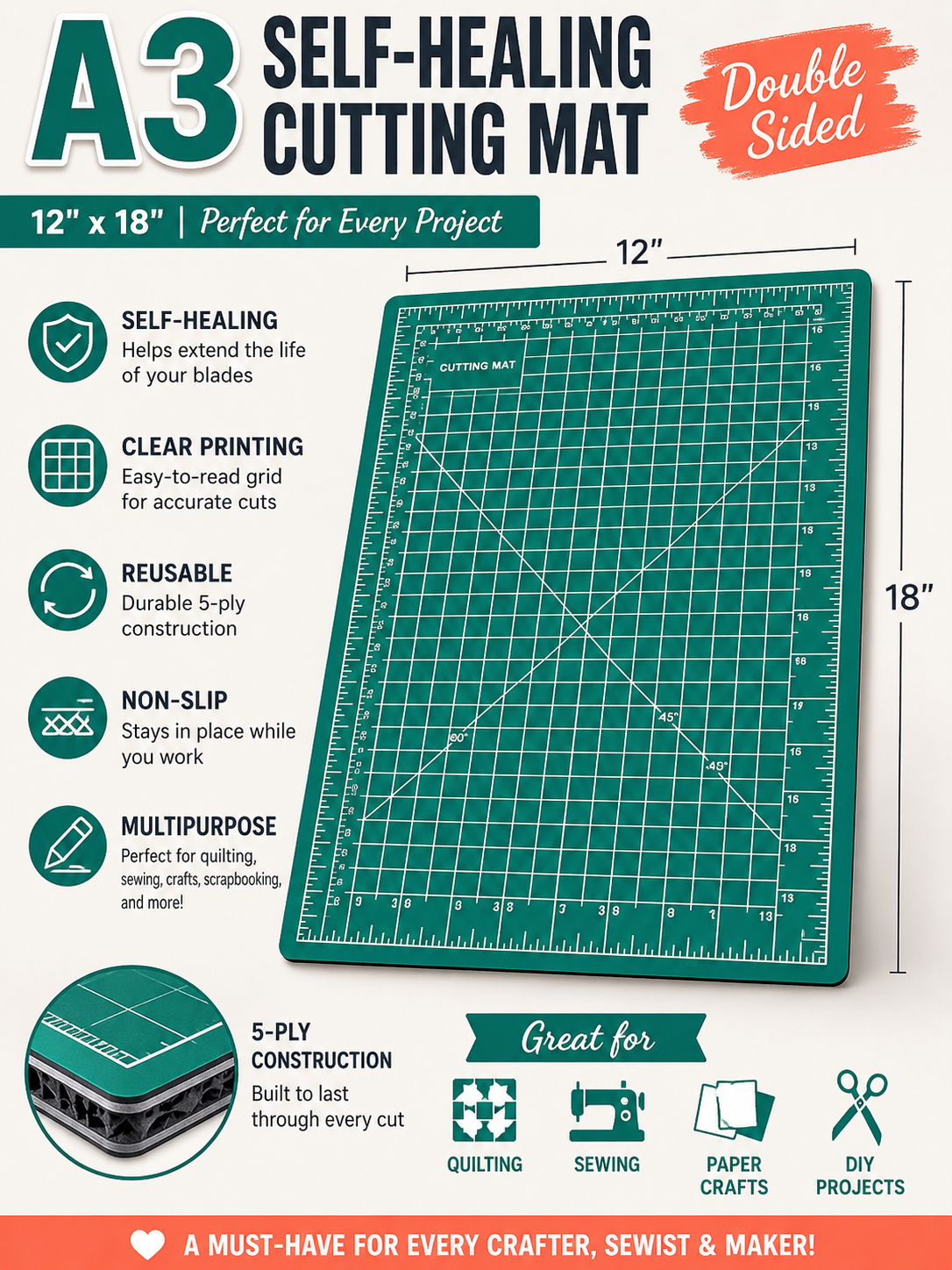 12” x 18” Self-Healing Cutting Mat – Double Sided