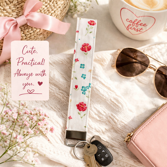 Dainty Flower - Fabric Wristlet Keychain – Handmade Cotton Wrist Strap – Cute Everyday Key Holder for Keys Bags & Gifts
