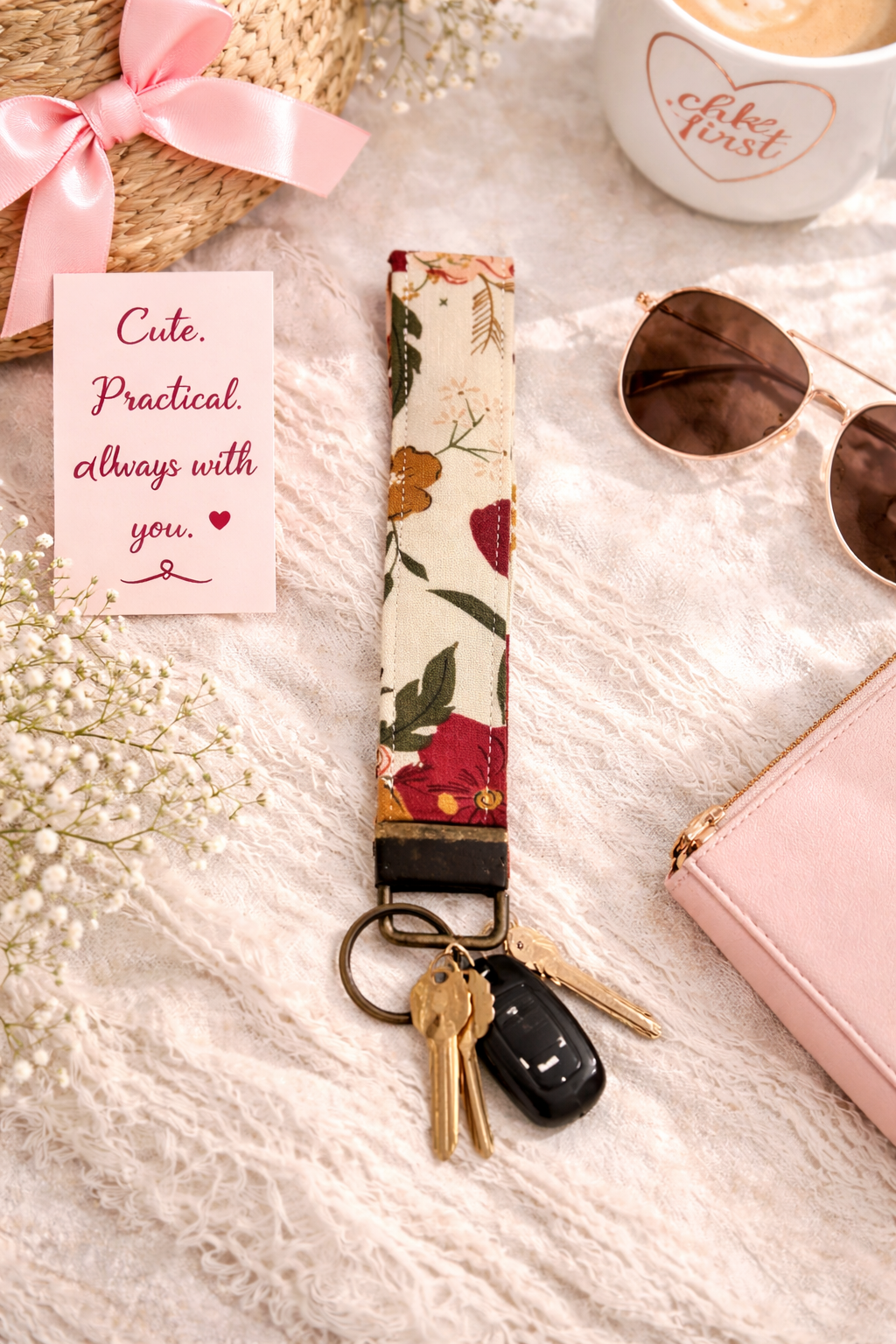 Earth Tone Flowers - Fabric Wristlet Keychain – Handmade Cotton Wrist Strap – Cute Everyday Key Holder for Keys Bags & Gifts