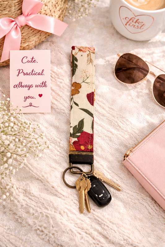 Earth Tone Flowers - Fabric Wristlet Keychain – Handmade Cotton Wrist Strap – Cute Everyday Key Holder for Keys Bags & Gifts