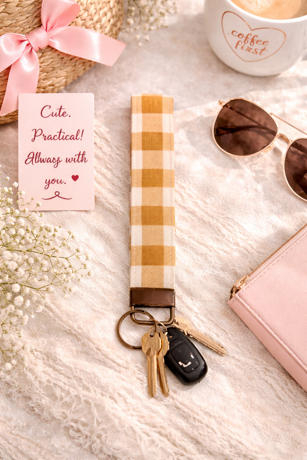 Golden Brown Gingham - Fabric Wristlet Keychain – Handmade Cotton Wrist Strap – Cute Everyday Key Holder for Keys Bags & Gift