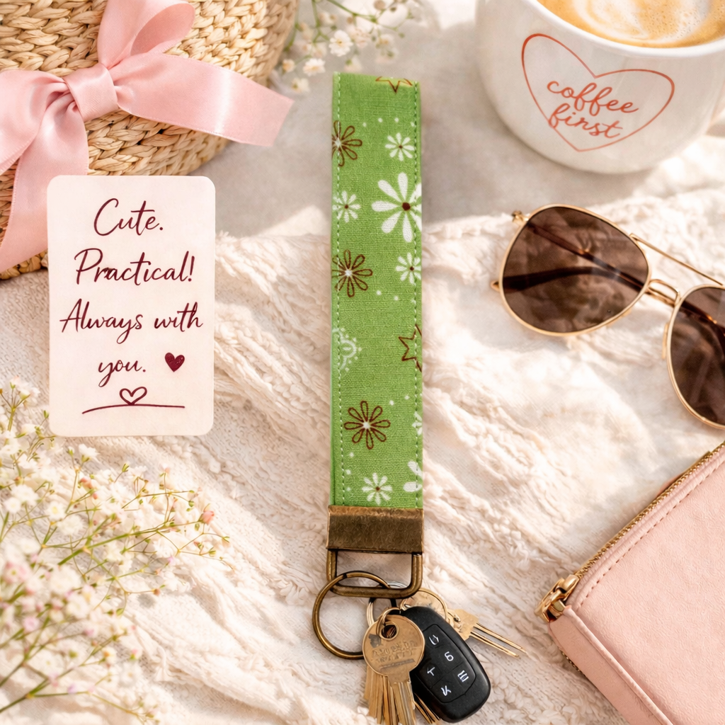 Grassy Field with Flowers - Fabric Wristlet Keychain – Handmade Cotton Wrist Strap – Cute Everyday Key Holder for Keys Bags &