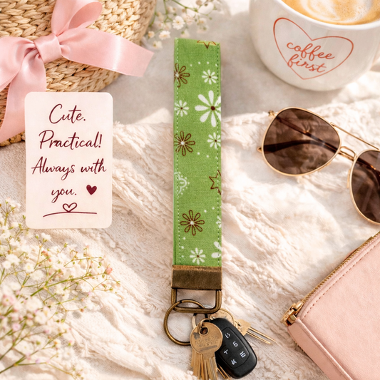 Grassy Field with Flowers - Fabric Wristlet Keychain – Handmade Cotton Wrist Strap – Cute Everyday Key Holder for Keys Bags &