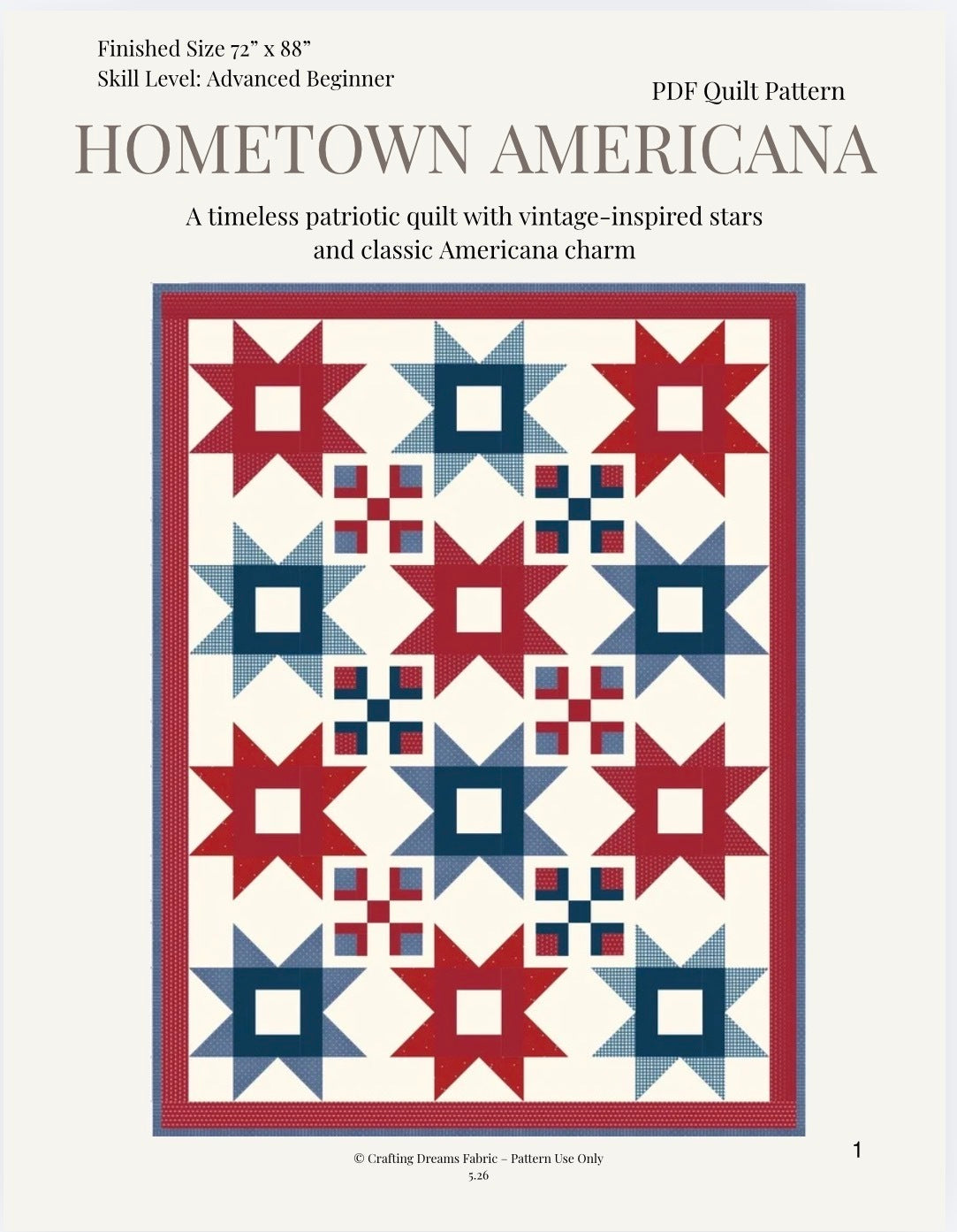 Hometown Americana Quilt Pattern PDF – Patriotic Star Quilt Pattern 72” x 88” Physical Pattern