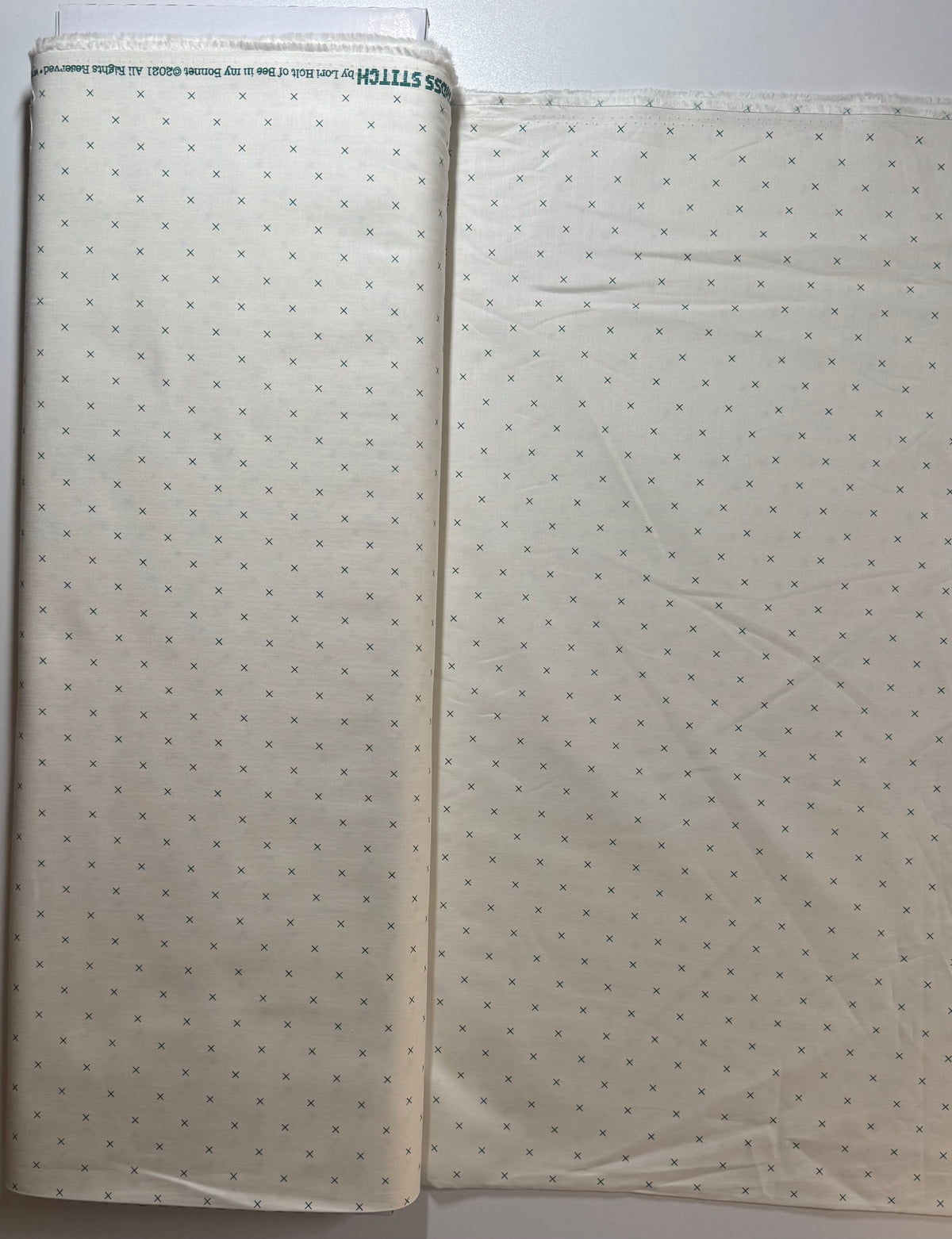 Lori Holt Bee Cross Stitch Jade Fabric – Low Volume Cream Blender – Quilting Cotton by the half Yard – Small X Print C747-JADE