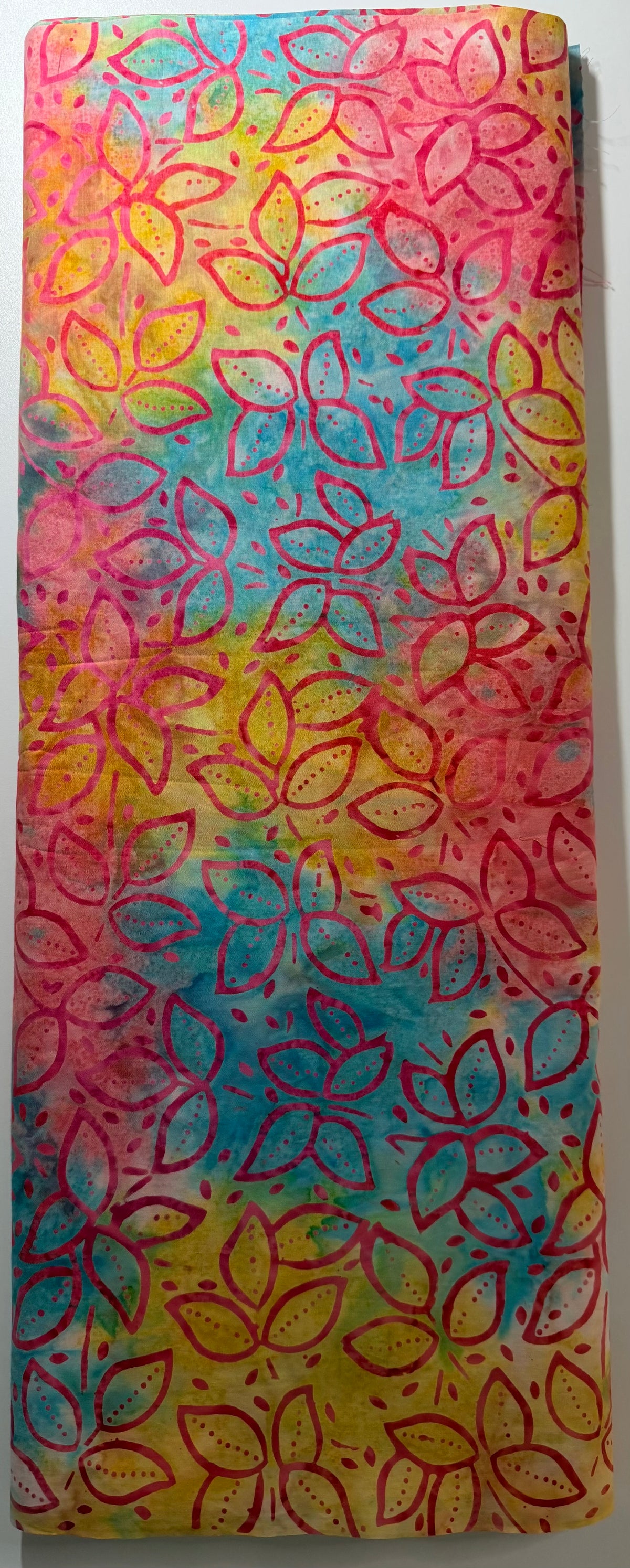 Pink Aqua & Yellow Leaf Batik Fabric
