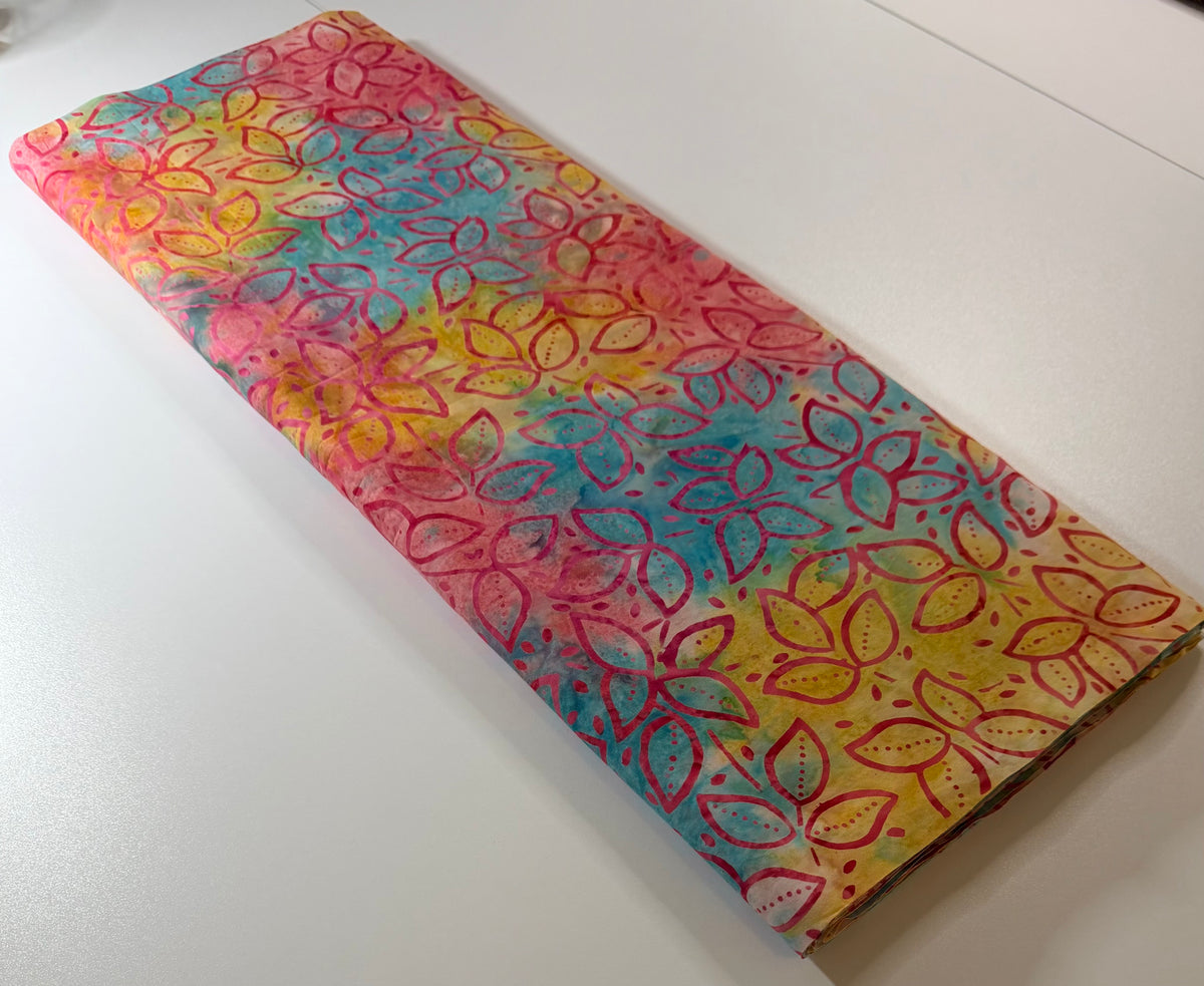 Pink Aqua & Yellow Leaf Batik Fabric
