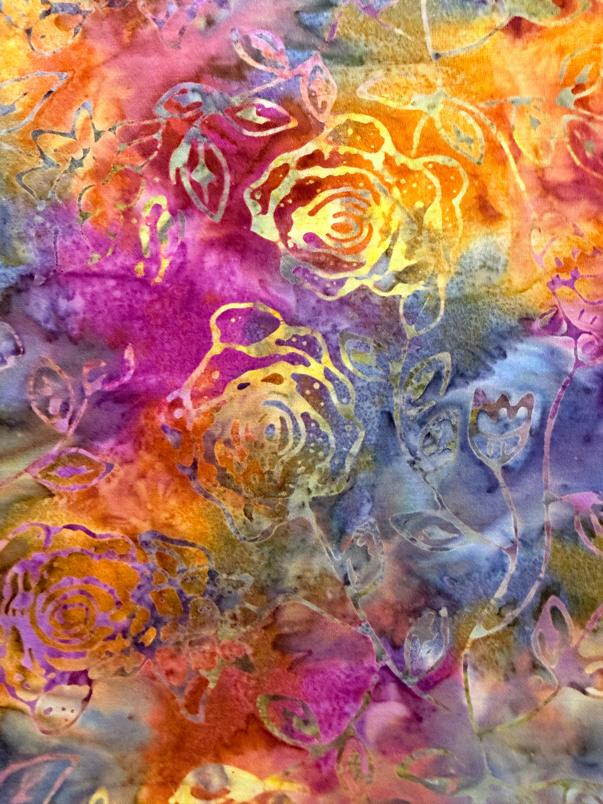 Purple Orange & Blue Rose Batik Fabric