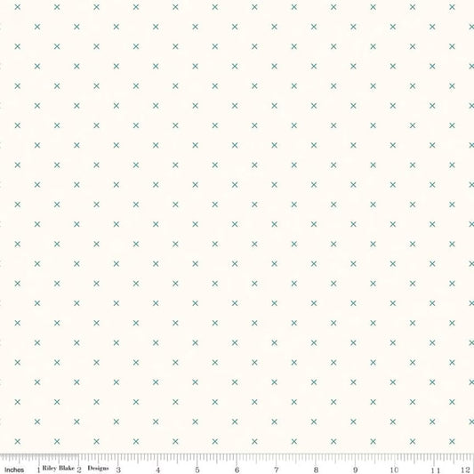 Lori Holt Bee Cross Stitch Jade Fabric – Low Volume Cream Blender – Quilting Cotton by the half Yard – Small X Print C747-JADE