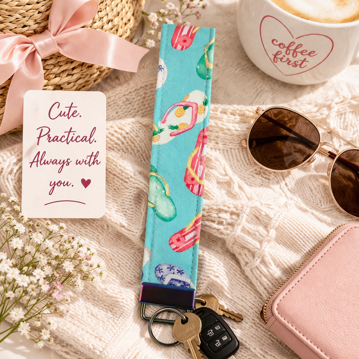 Life in Flip Flops - Fabric Wristlet Keychain – Handmade Cotton Wrist Strap – Cute Everyday Key Holder for Keys Bags & Gifts