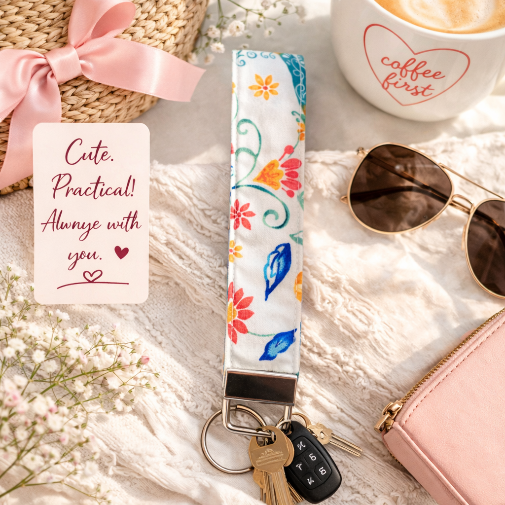 Peacock & Flowers - Floral Fabric Wristlet Keychain – Handmade Cotton Wrist Strap – Cute Everyday Key Holder for Keys Bags & 