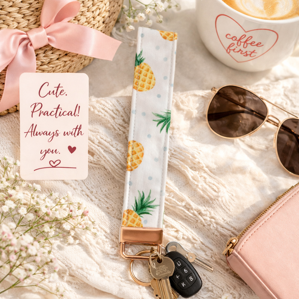 Pineapple - Fabric Wristlet Keychain – Handmade Cotton Wrist Strap – Cute Everyday Key Holder for Keys Bags & Gifts