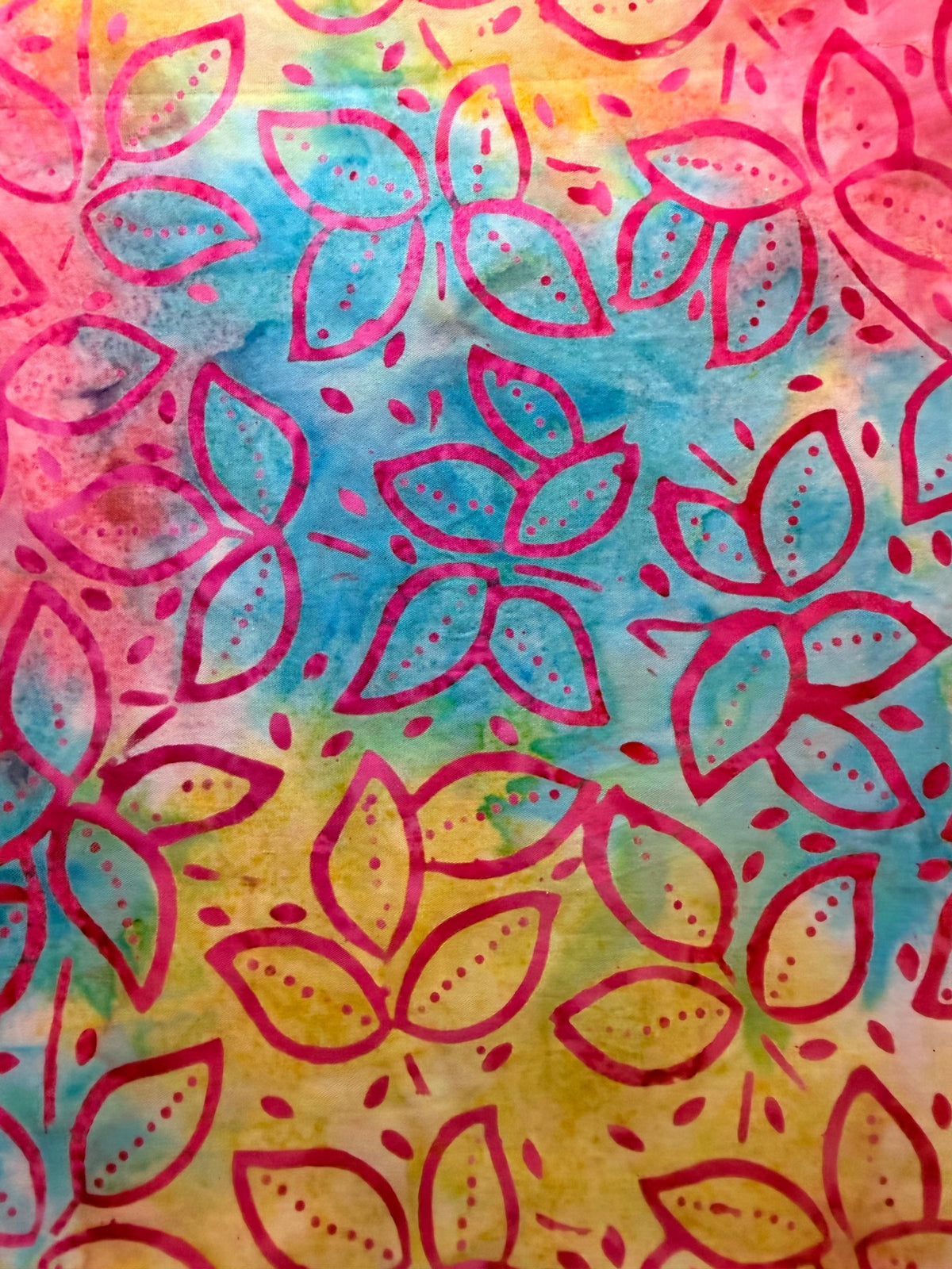 Pink Aqua & Yellow Leaf Batik Fabric