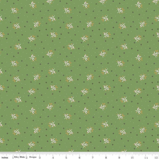 Lori Holt Gentler Times Basil Ditsy Floral Fabric – Green Cottage Floral Print – Quilting Cotton by the Yard – Small Scale Fl