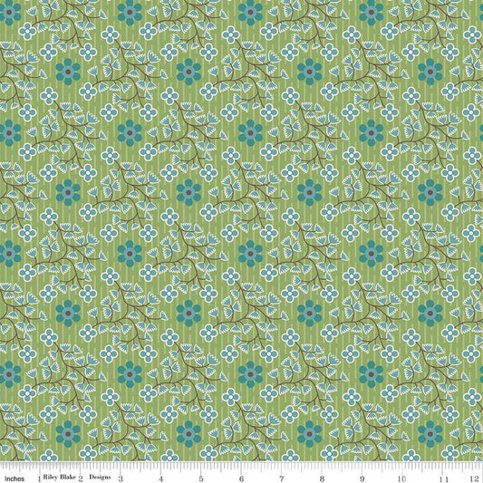 Lori Holt Gentler Times Swell Basil Fabric – Green Floral Vine Print – Quilting Cotton by the Yard – Cottage Floral C16470-BA