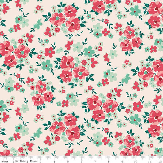 Lori Holt Berry & Sage Floral Latte Fabric – Cottage Floral Print – Cream Quilting Cotton by the Yard C17388-LATTE