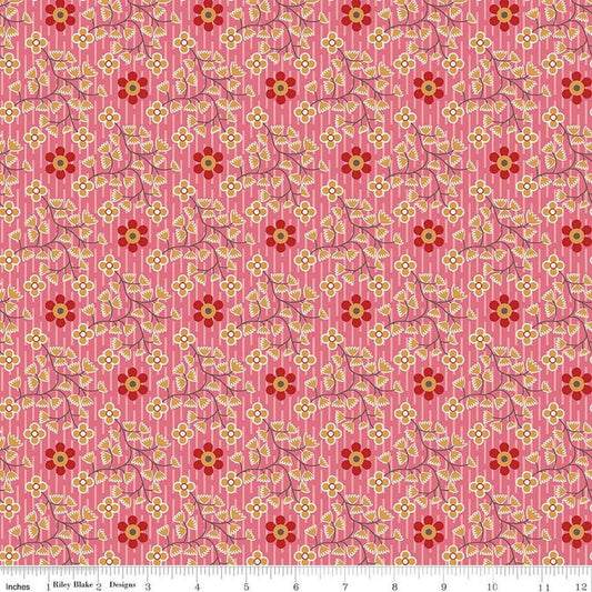 Lori Holt Gentler Times Swell Tea Rose Floral Fabric – Pink Cottage Garden Print – Quilting Cotton by the Yard – Vintage Styl