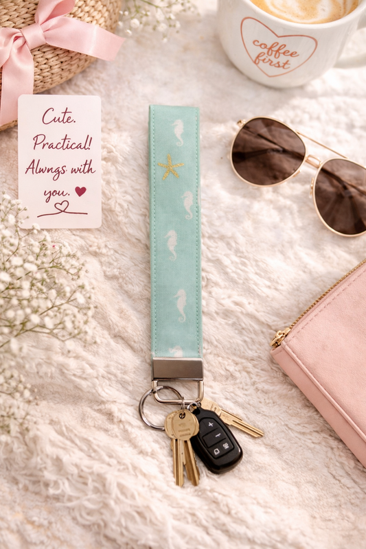 Starfish and Seahorse Fabric Wristlet Keychain – Handmade Cotton Wrist Strap – Cute Everyday Key Holder for Keys Bags & Gifts