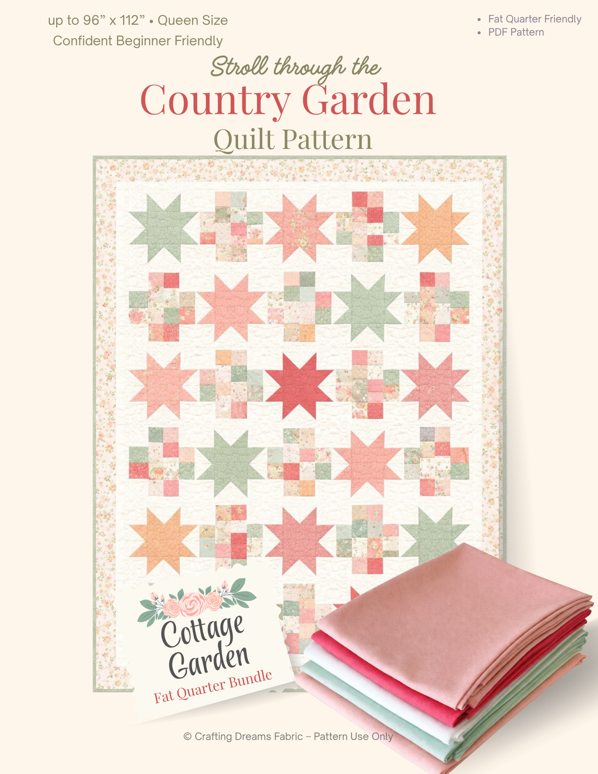 Stroll Through The Country Garden Quilt Pattern Printed Version – Queen Size (80” x 104”)