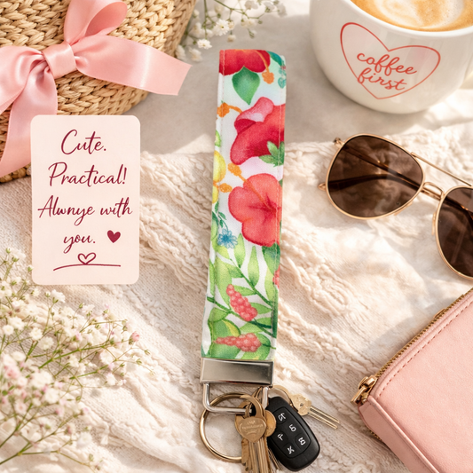 Tropical Flower - Fabric Wristlet Keychain – Handmade Cotton Wrist Strap – Cute Everyday Key Holder for Keys Bags & Gifts