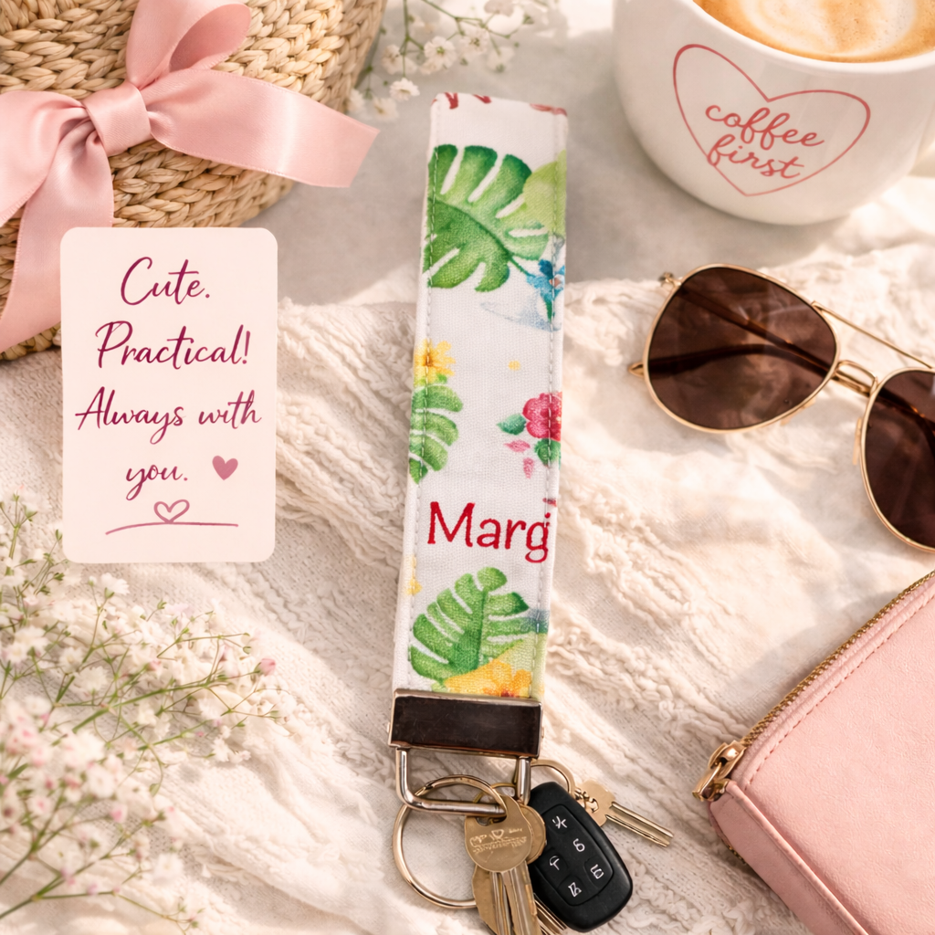 Tropical Plants & Drinks - Fabric Wristlet Keychain – Handmade Cotton Wrist Strap – Cute Everyday Key Holder for Keys Bags & 