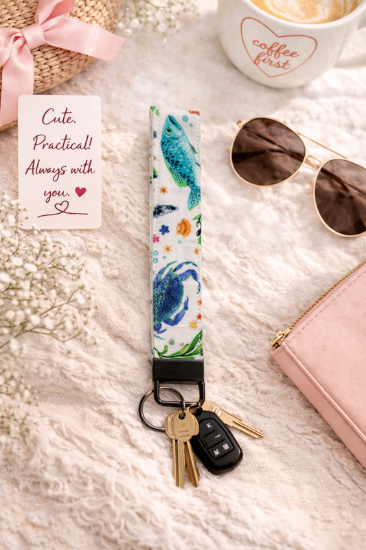 Under the Sea Fabric Wristlet Keychain – Handmade Cotton Wrist Strap – Cute Everyday Key Holder for Keys Bags & Gifts