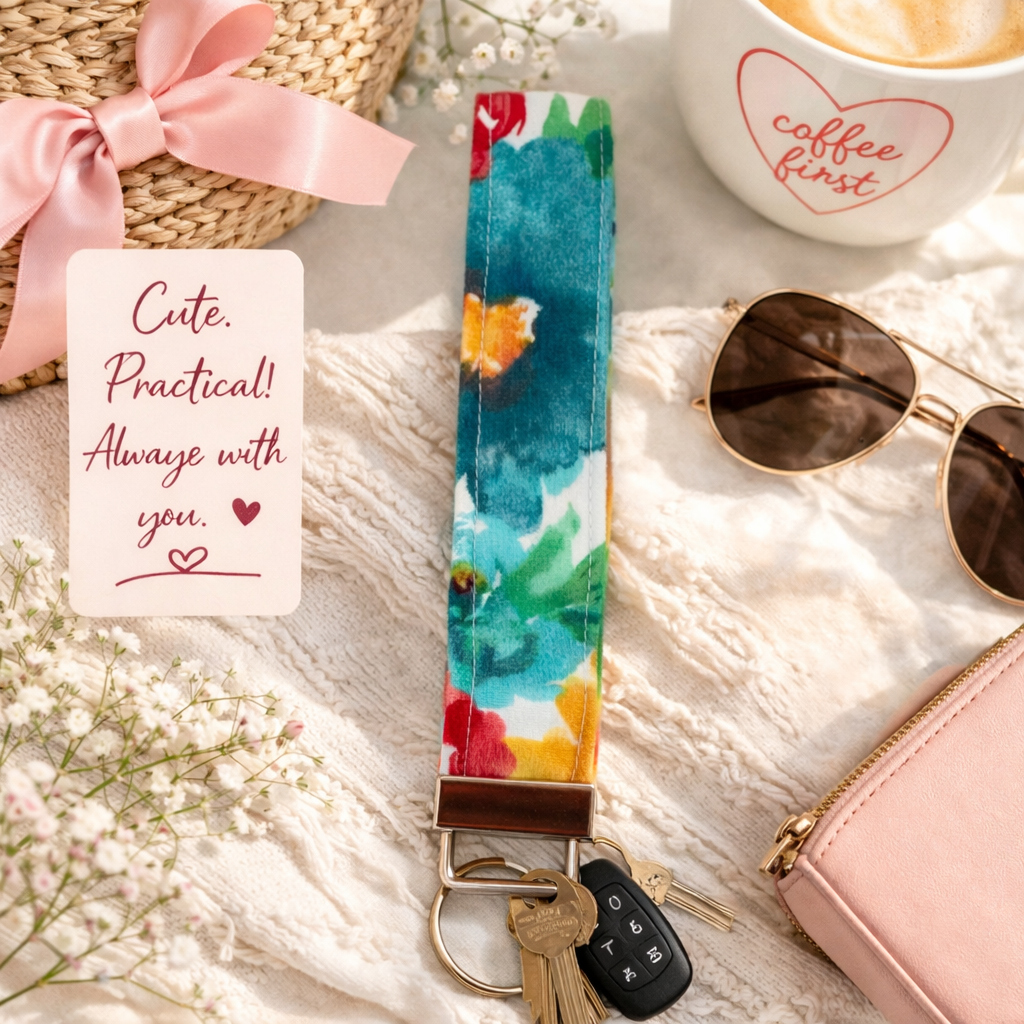 Watercolor Flower - Fabric Wristlet Keychain – Handmade Cotton Wrist Strap – Cute Everyday Key Holder for Keys Bags & Gifts