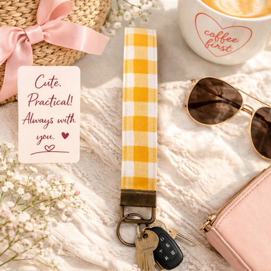 Yellow Gingham - Fabric Wristlet Keychain – Handmade Cotton Wrist Strap – Cute Everyday Key Holder for Keys Bags & Gifts